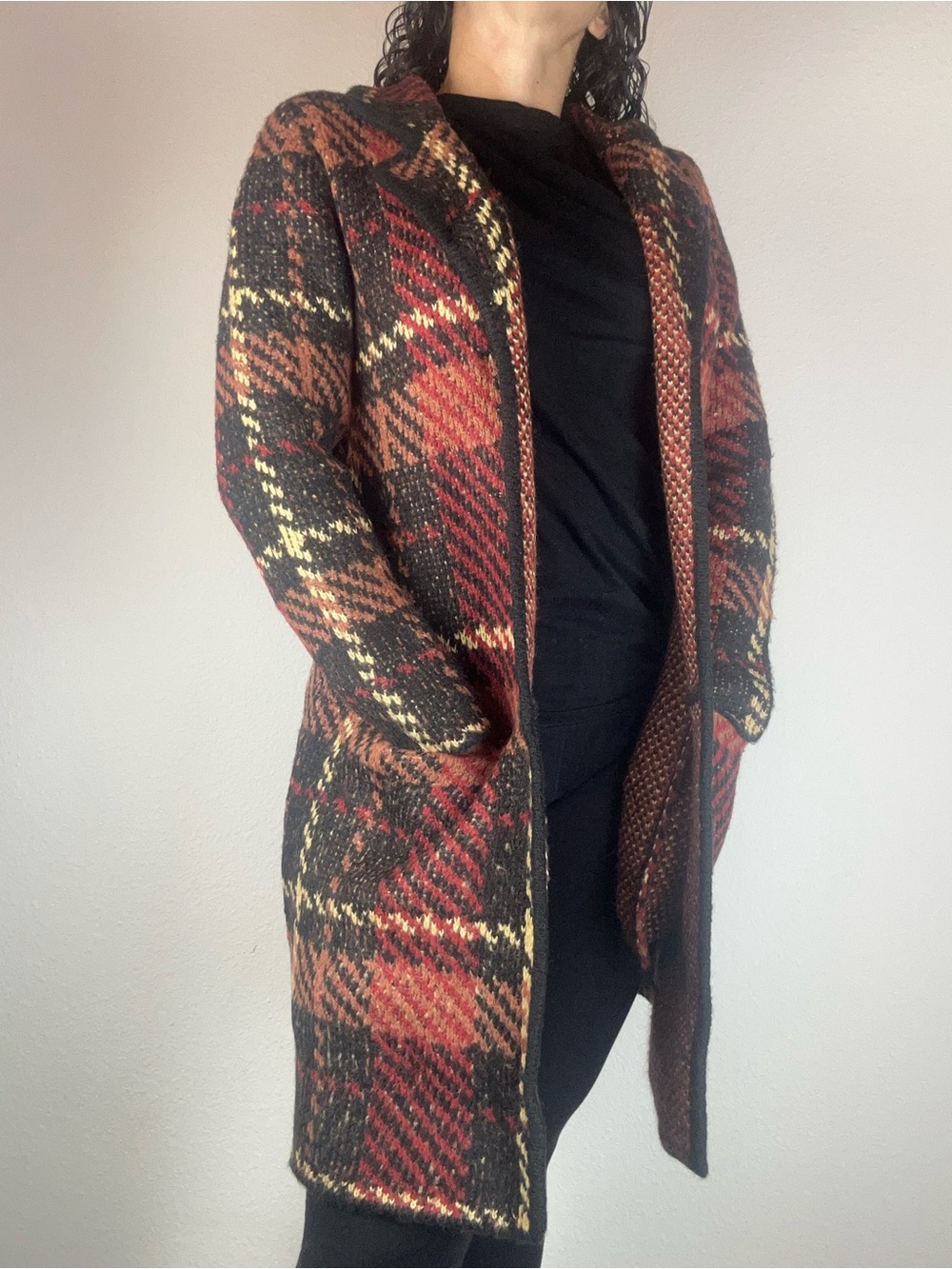 Soft Surroundings XS Plaid Open Cardigan Jacket Long Duster Pockets
